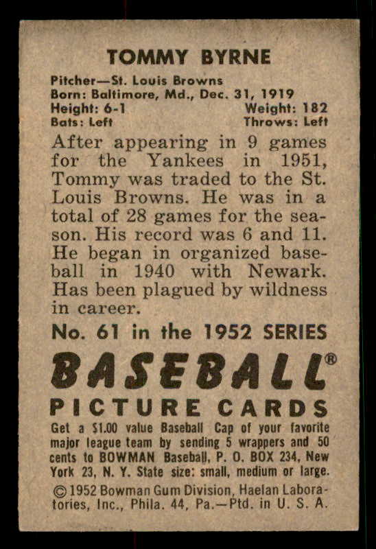 1952 Bowman Baseball #061 Tommy Byrne Browns EX-MT 533116