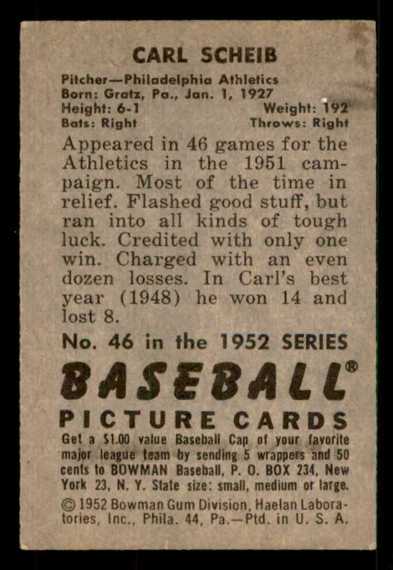 1952 Bowman Baseball #046 Carl Scheib A's EX-MT 533118