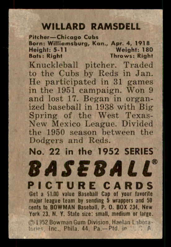 1952 Bowman Baseball #022 Willard Ramsdell Cubs EX-MT 533120