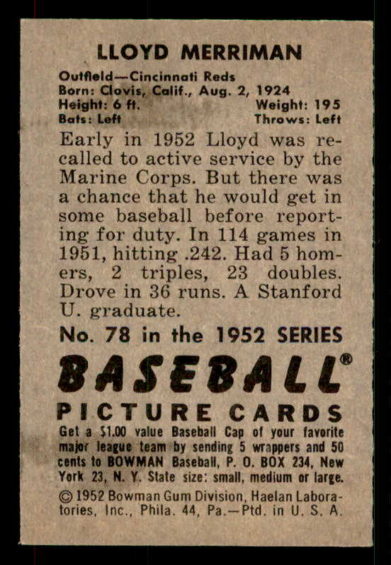 1952 Bowman Baseball #078 Lloyd Merriman Reds EX-MT 533122