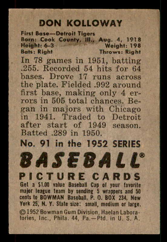 1952 Bowman Baseball #091 Don Kolloway Tigers EX-MT 533126