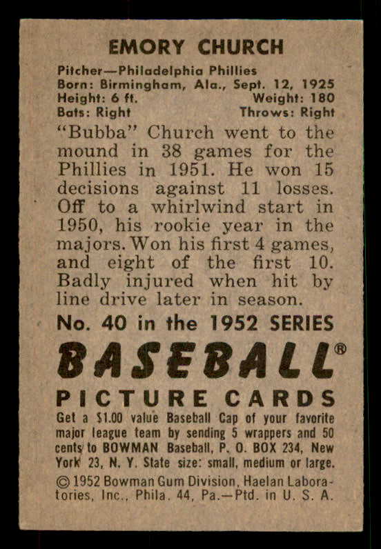 1952 Bowman Baseball #040 Bubba Church Phillies EX-MT 533129