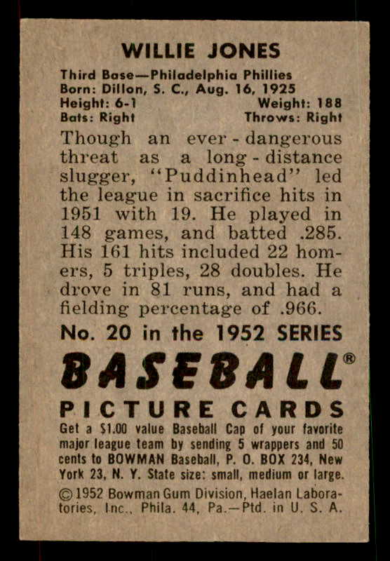 1952 Bowman Baseball #020 Willie Jones Phillies EX-MT 533135