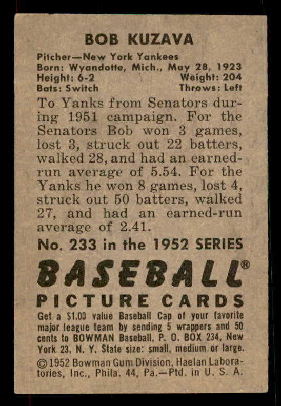 1952 Bowman Baseball #233 Bob Kuzava Yankees EX-MT 533139