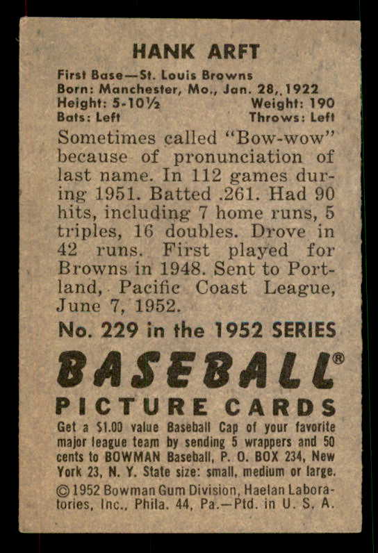 1952 Bowman Baseball #229 Hank Arft Browns EX-MT 533141