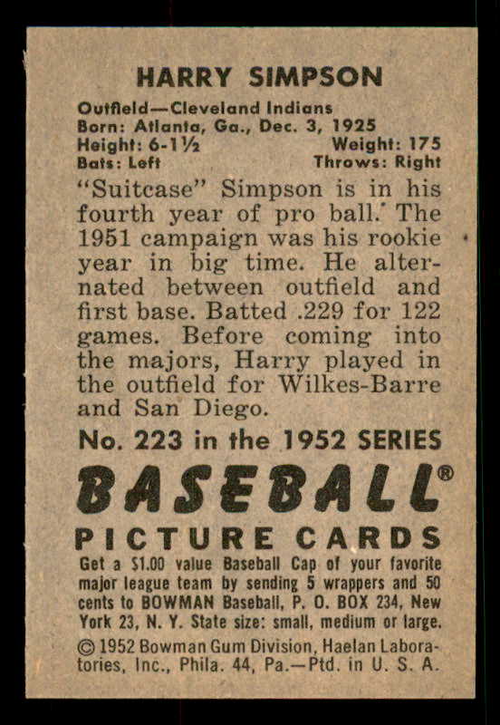 1952 Bowman Baseball #223 Harry Simpson Indians EX-MT 533143