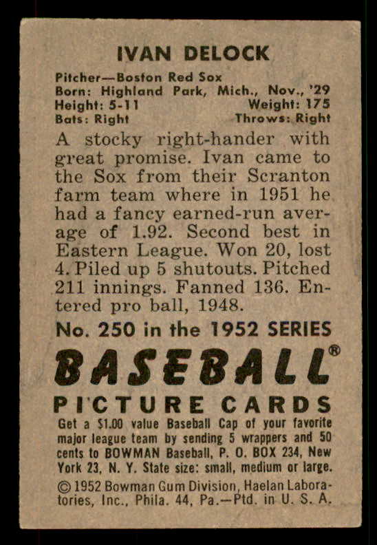 1952 Bowman Baseball #250 Ike Delock Red Sox VG-EX 533146
