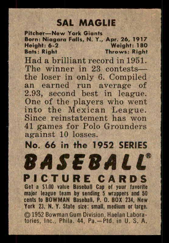 1952 Bowman Baseball #066 Sal Maglie Giants EX-MT 533154