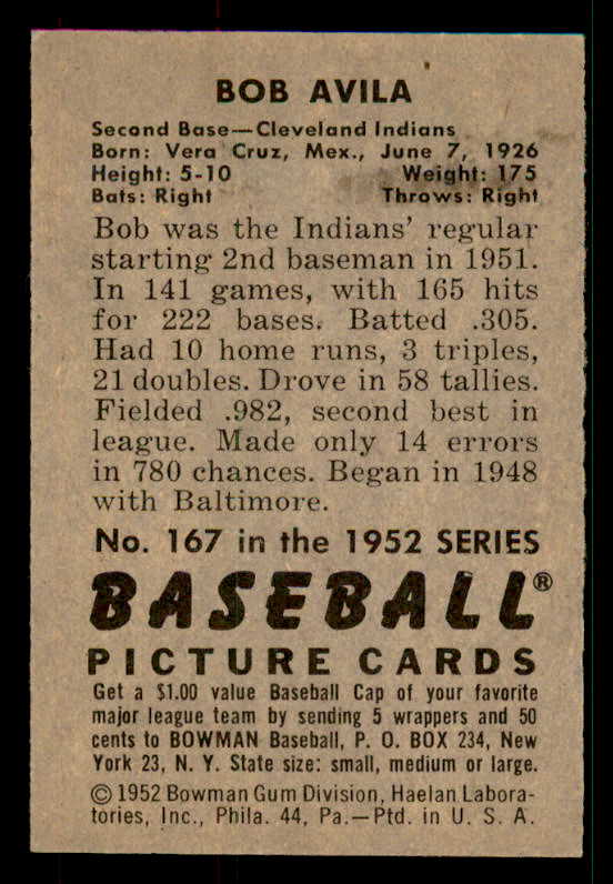 1952 Bowman Baseball #167 Bobby Avila Indians NR-MT 533163