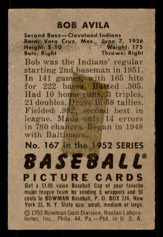 1952 Bowman Baseball #167 Bobby Avila Indians EX 533165