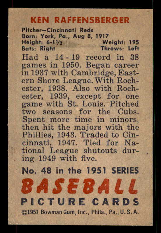 1951 Bowman Baseball #048 Ken Raffensberger Reds NR-MT 533166