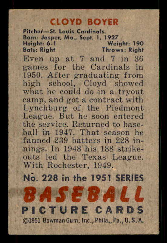 1951 Bowman Baseball #228 Cloyd Boyer Cardinals VG-EX 533169