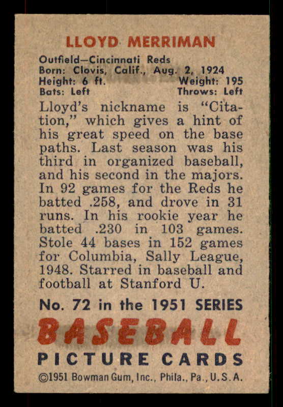 1951 Bowman Baseball #072 Lloyd Merriman Reds EX 533171