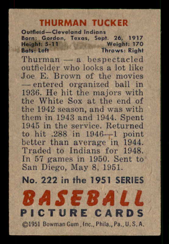 1951 Bowman Baseball #222 Thurman Tucker Indians EX-MT 533174