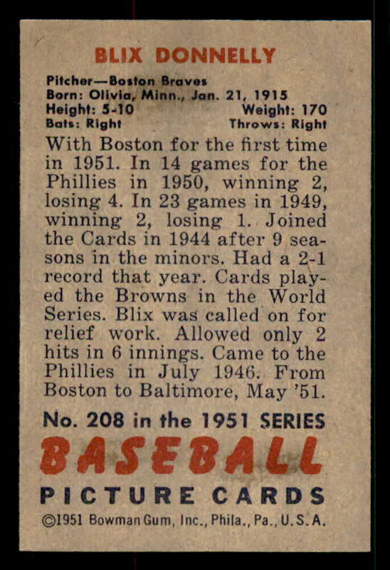 1951 Bowman Baseball #208 Blix Donnelly Braves EX-MT 533175