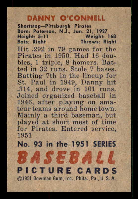 1951 Bowman Baseball #093 Danny O'Connell Pirates EX-MT 533176