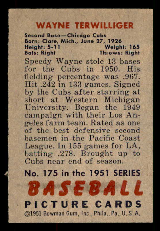 1951 Bowman Baseball #175 Wayne Terwilliger Cubs EX-MT 533178