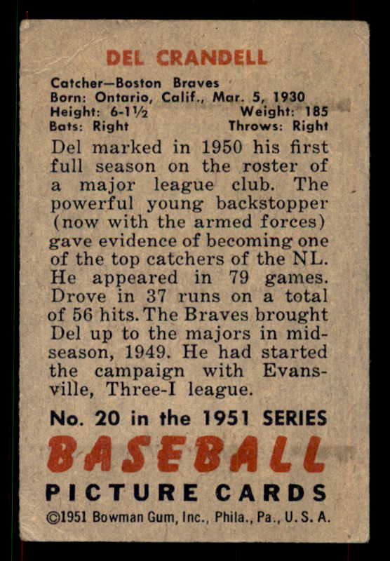 1951 Bowman Baseball #020 Del Crandall Braves VG-EX 533181
