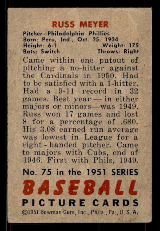 1951 Bowman Baseball #075 Russ Meyer Phillies VG-EX 533184