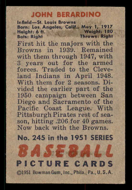 1951 Bowman Baseball #245 John Berardino Browns EX-MT 533193