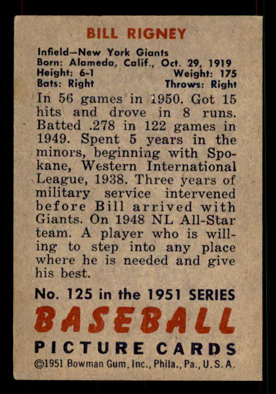 1951 Bowman Baseball #125 Bill Rigney Giants EX-MT 533199