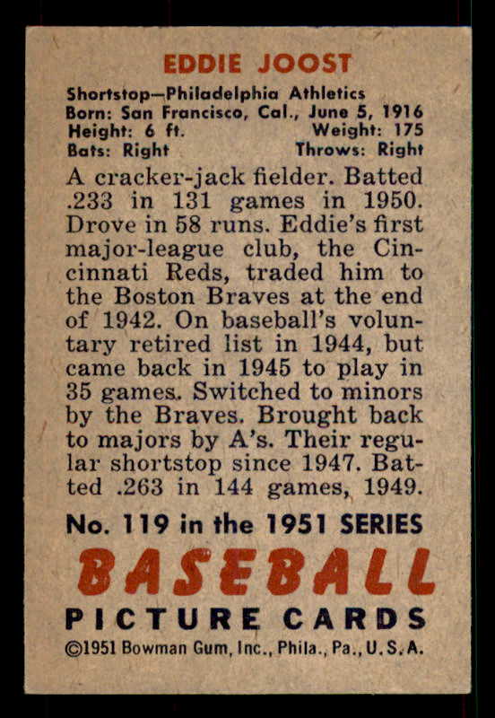 1951 Bowman Baseball #119 Eddie Joost A's EX-MT 533200