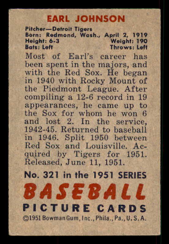 1951 Bowman Baseball #321 Earl Johnson Tigers EX+/EX-MT 533207