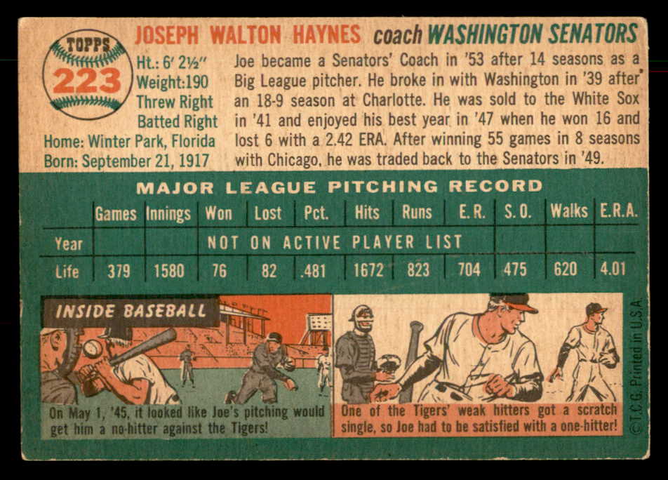 1954 Topps Baseball #223 Joe Haynes Senators VG-EX 533214