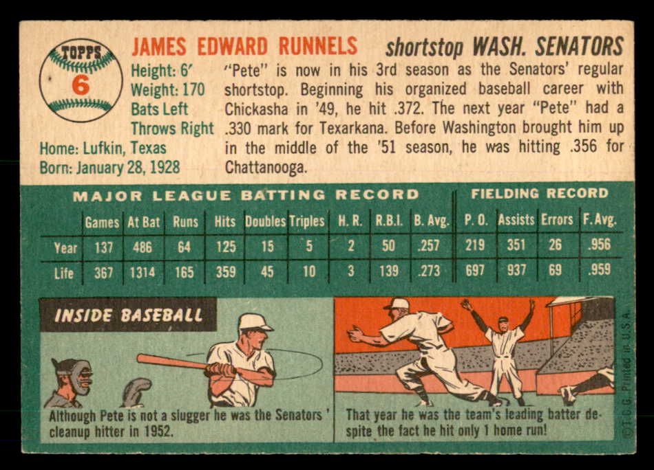 1954 Topps Baseball #006 Pete Runnels Senators EX-MT 533221