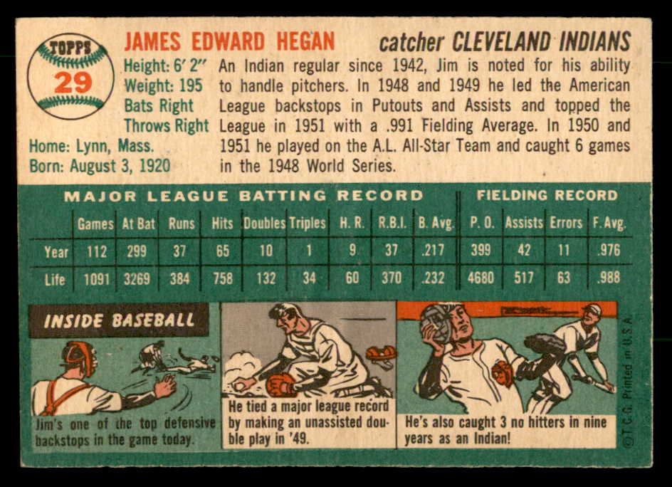 1954 Topps Baseball #029 Jim Hegan Indians EX-MT 533224
