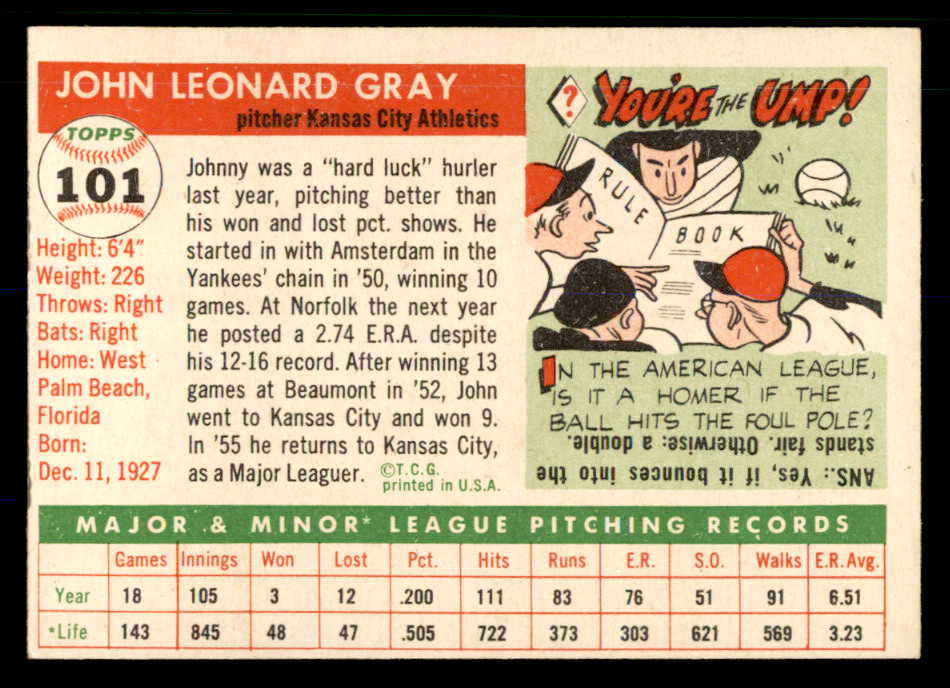 1955 Topps Baseball #101 Johnny Gray A's EX-MT 533227