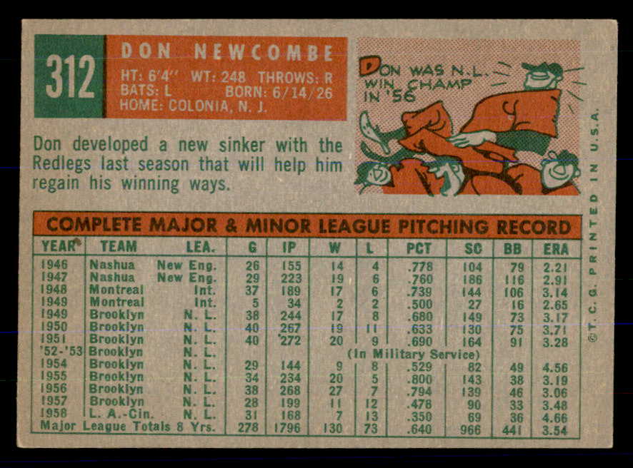 1959 Topps Baseball #312 Don Newcombe Reds EX-MT 533325