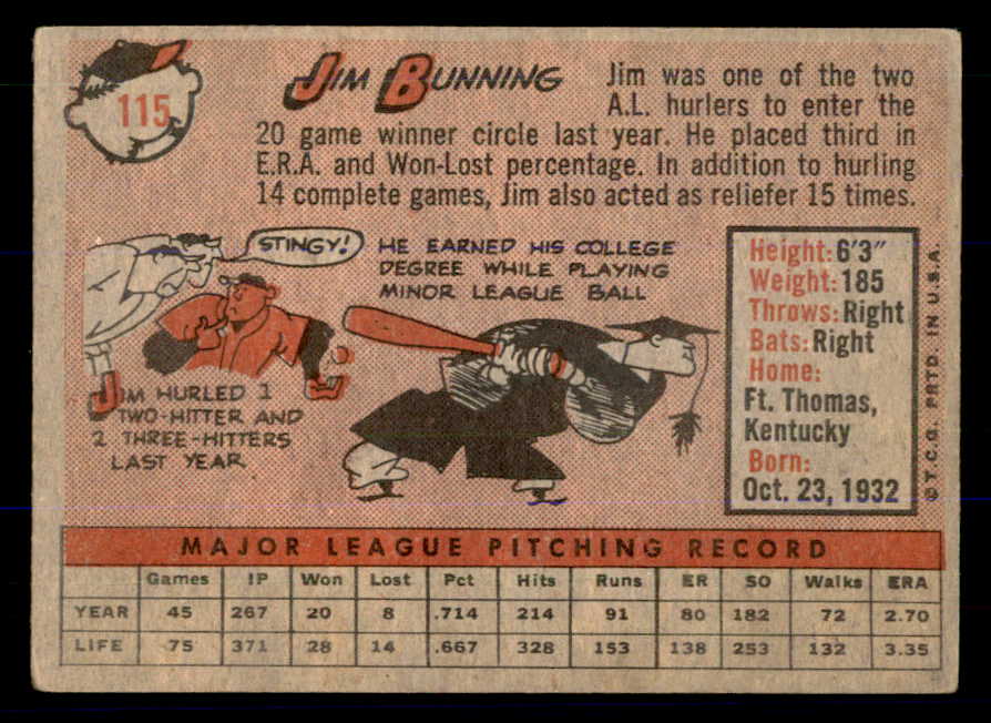 1958 Topps Baseball #115 Jim Bunning Tigers VG 533326