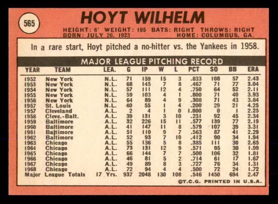 1969 Topps Baseball #565 Hoyt Wilhelm Angels EX-MT 533333