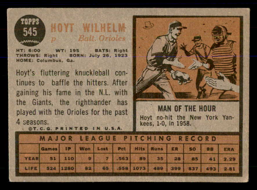 1962 Topps Baseball #545 Hoyt Wilhelm Orioles VG-EX 533351