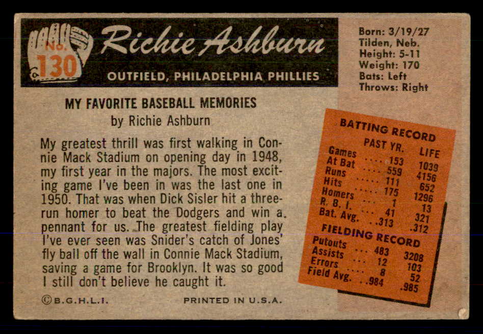 1955 Bowman Baseball #130 Richie Ashburn Phillies VG-EX 533370