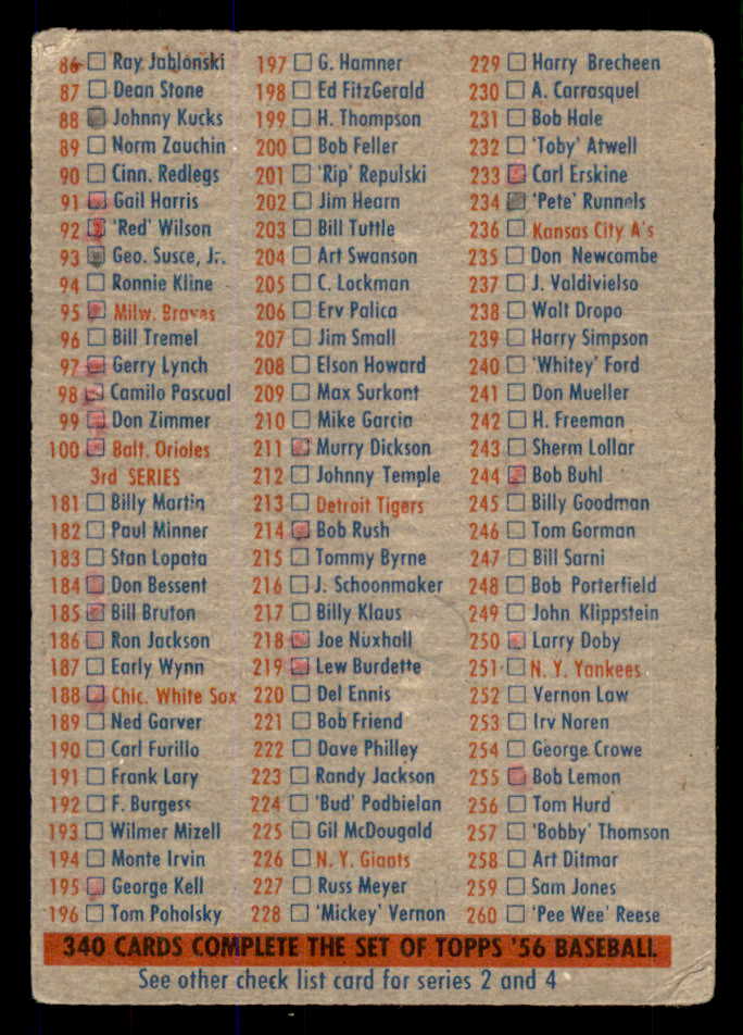1956 Topps Baseball Checklist 1/3 Fair marked 533378