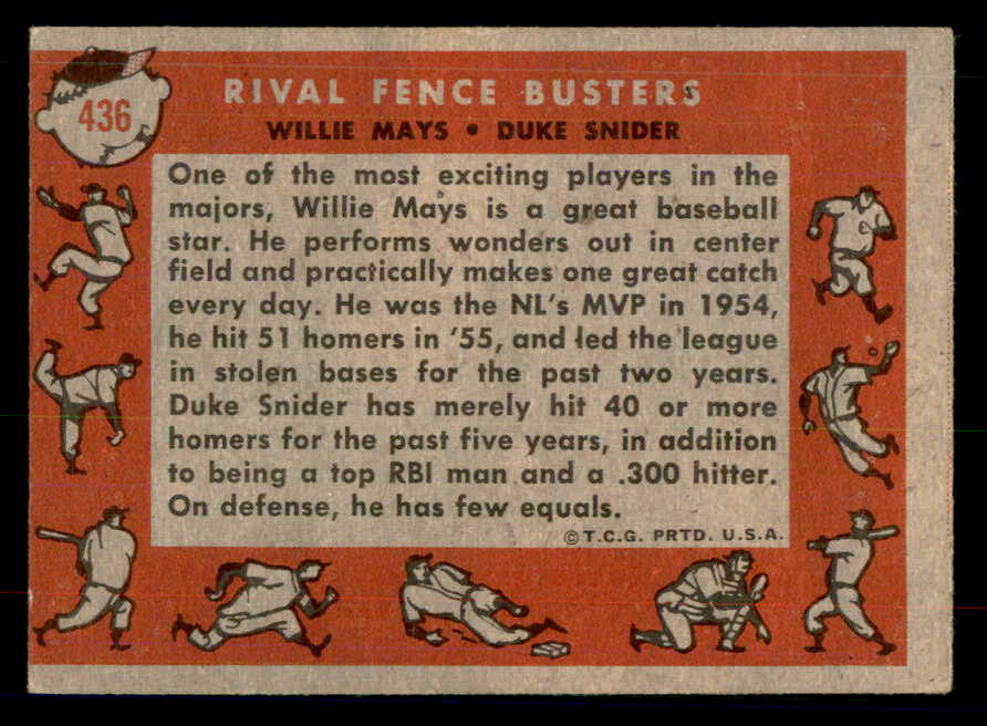 1958 Topps Baseball #436 Willie Mays Duke Snider VG-EX 533429