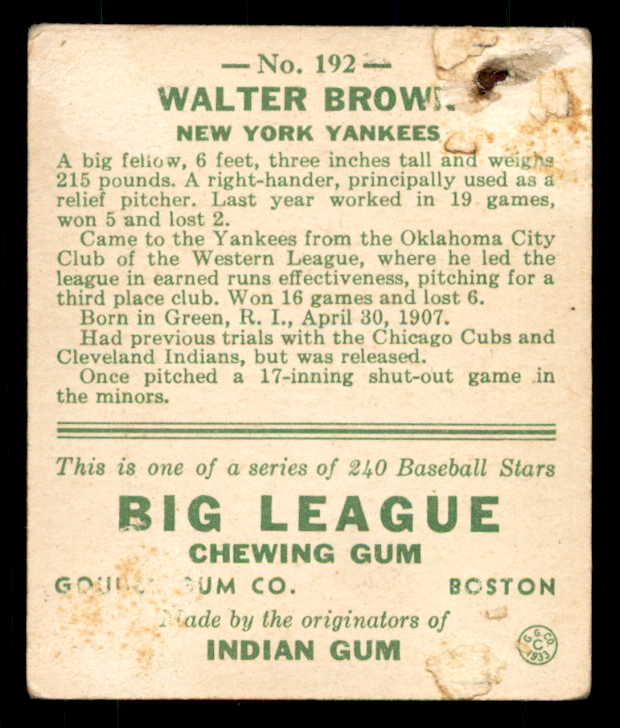 1933 Goudey #192 Walter Brown Yankees Good back damage 533502