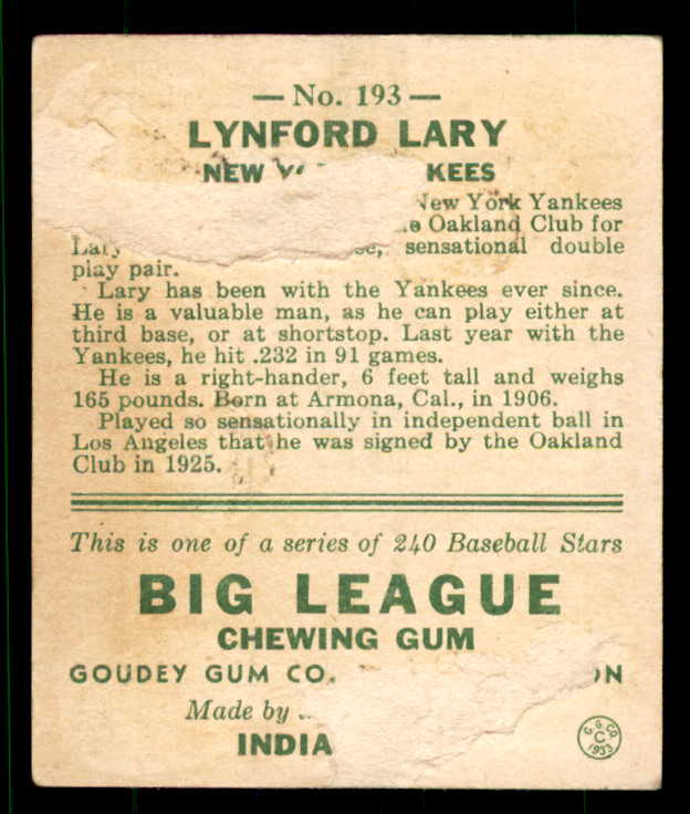 1933 Goudey #193 Lyn Lary Yankees FR-GD/GD back damage 533503
