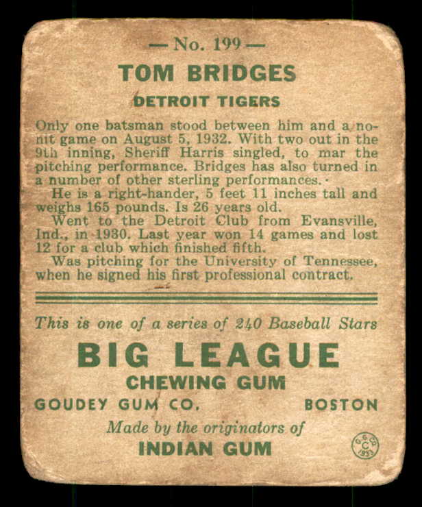 1933 Goudey #199 Tommy Bridges Tigers FR-GD/GD 533505