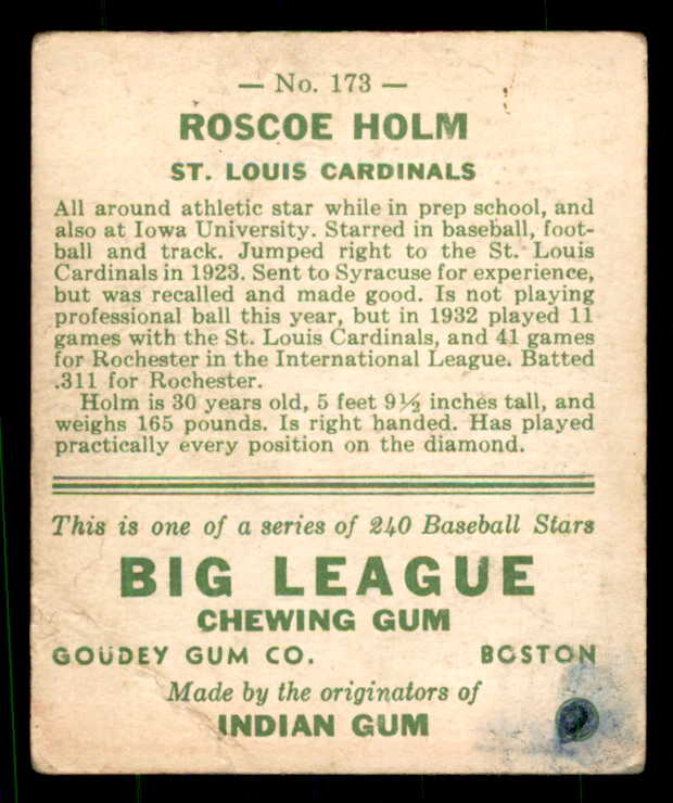 1933 Goudey #173 Roscoe Holm Cardinals Good ink back 533518