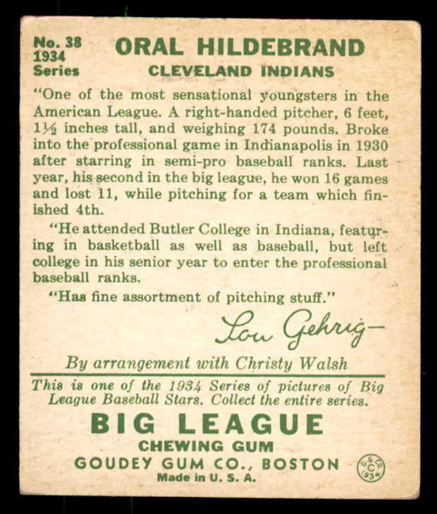 1934 Goudey #038 Oral Hildebrand Indians EX 533543