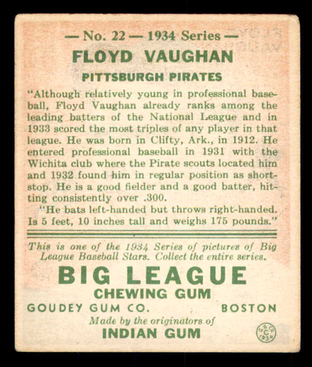 1934 Goudey #022 Floyd Vaughan Pirates VG 533551