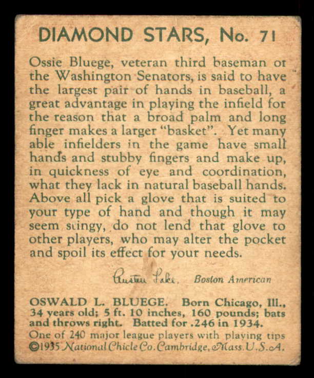 1934-36 Diamond Stars #071 Ossie Bluege Senators VG 533594