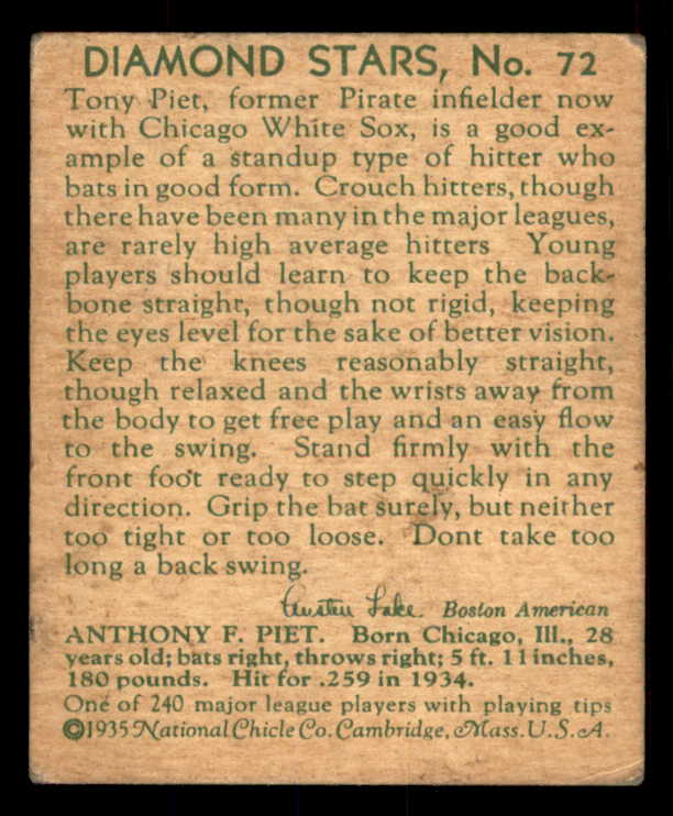1934-36 Diamond Stars #072 Tony Piet White Sox VG-EX 533595