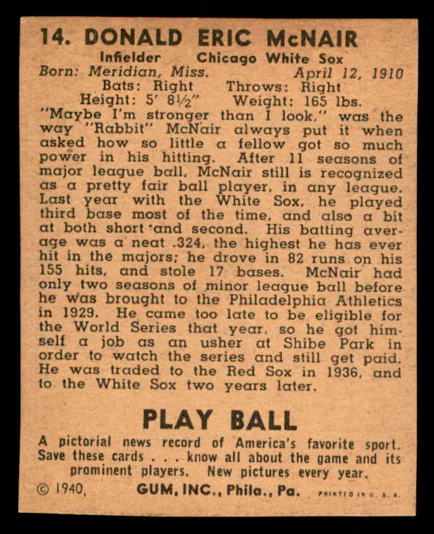 1940 Play Ball #014 Eric McNair White Sox Good trimmed 533626