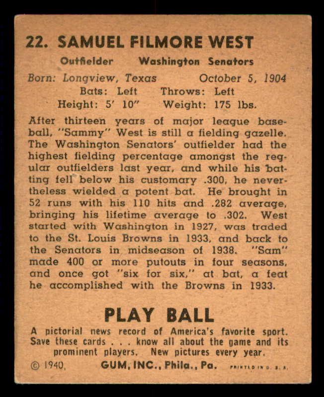 1940 Play Ball #022 Sam West Senators VG-EX/EX 533631