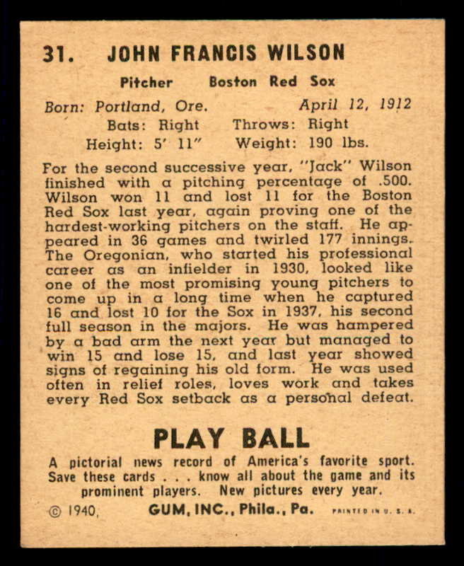 1940 Play Ball #031 Jack Wilson Red Sox EX-MT 533634