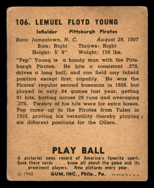 1940 Play Ball #106 Pep Young Pirates VG/VG-EX 533675
